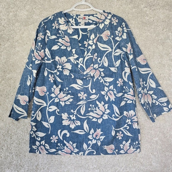 Reyn Spooner Limited Issue Tunic Top Womens Large Blue Hawaiian Reverse Print - Picture 1 of 11
